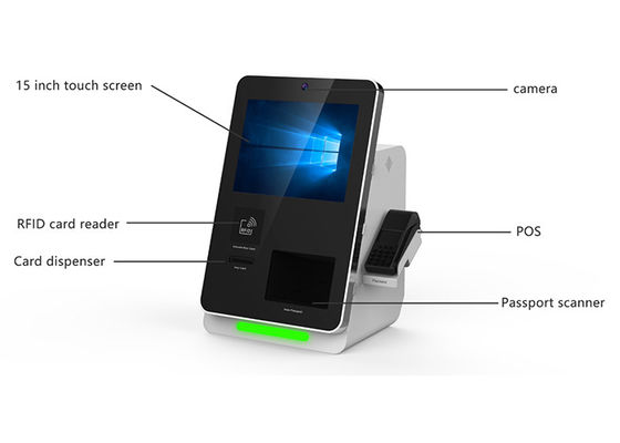 Indoor self service hotel check in and passport scanner kiosk with RF card dispenser