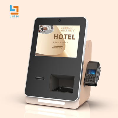Indoor self service hotel check in and passport scanner kiosk with RF card dispenser
