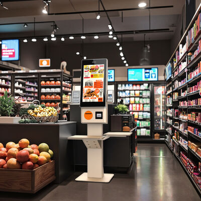 23.8 Inch Self Ordering Kiosk with QR Code Scanner and Capacitive/IR Touch Screen for Retail Environments